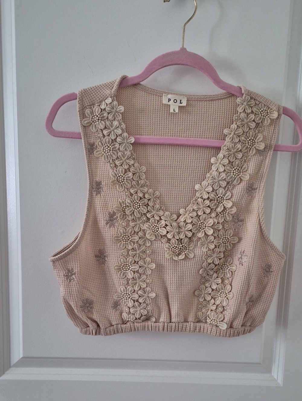 POL Blush Floral Applique Waffle Knit Crop Tank